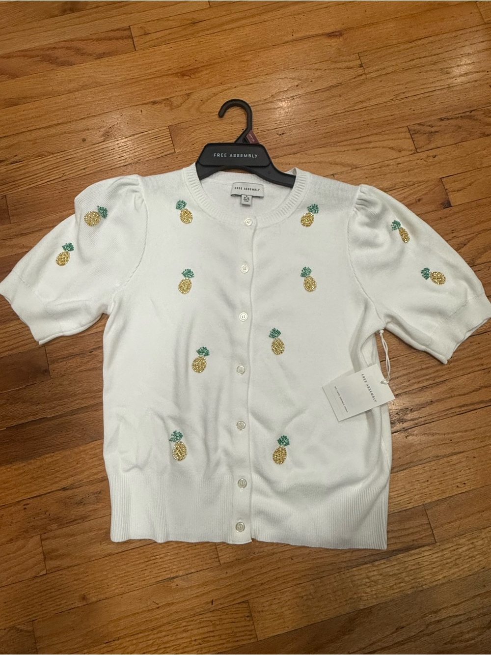 Free Assembly White Pineapple Embroidered Short-Sleeve Cardigan